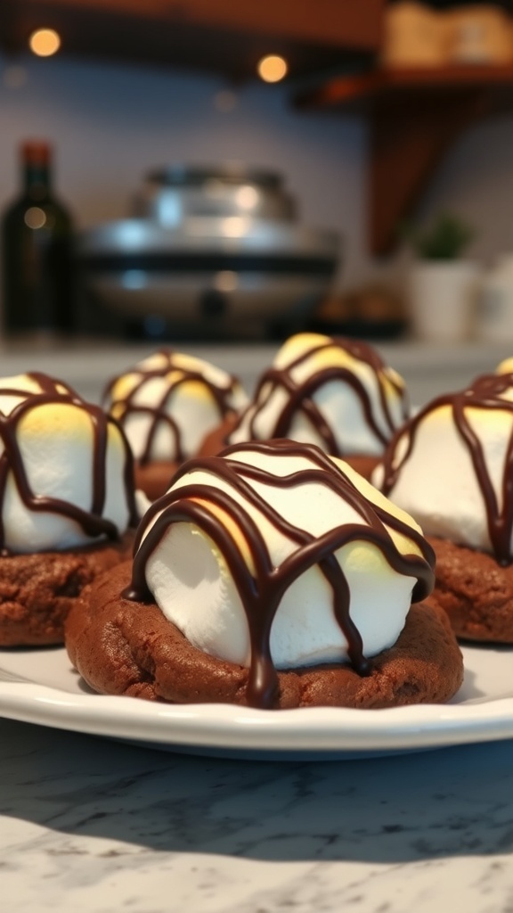 Juicy UGG Boots Recipe A plate of chocolate marshmallow cookies drizzled with chocolate, resembling UGG Boots, on a rustic kitchen table.